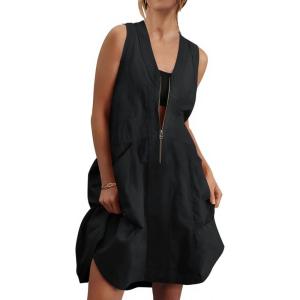 Fisoew Women’s Sleeveless Tank Mini Dress Casual Half Zip V Neck Loose Mesh Back Utility Summer Dresses with Pockets(Black)