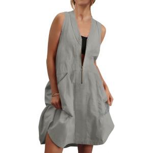 Fisoew Women’s Sleeveless Tank Mini Dress Casual Half Zip V Neck Loose Mesh Back Utility Summer Dresses with Pockets(Grey)
