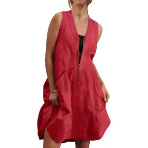 Fisoew Women’s Sleeveless Tank Mini Dress Casual Half Zip V Neck Loose Mesh Back Utility Summer Dresses with Pockets(Red)
