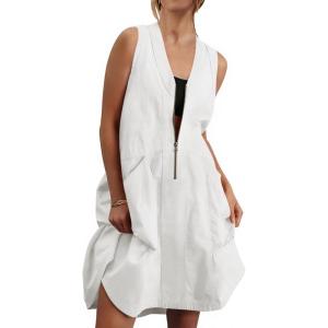 Fisoew Women’s Sleeveless Tank Mini Dress Casual Half Zip V Neck Loose Mesh Back Utility Summer Dresses with Pockets(White)