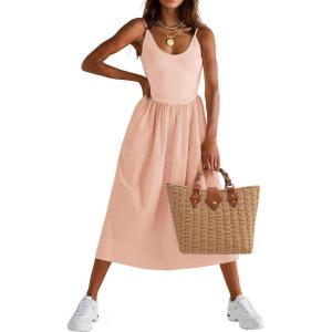 Fisoew Womens Spaghetti Strap Dress V Neck Backless Summer Casual A Line Cami Dress with Pocket(Beige)