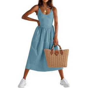 Fisoew Womens Spaghetti Strap Dress V Neck Backless Summer Casual A Line Cami Dress with Pocket(Blue)