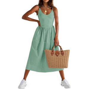 Fisoew Womens Spaghetti Strap Dress V Neck Backless Summer Casual A Line Cami Dress with Pocket(Green)