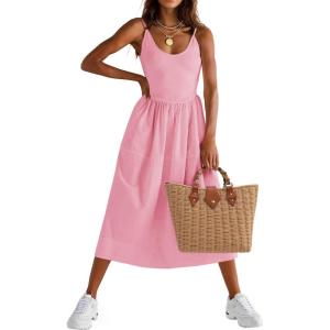 Fisoew Womens Spaghetti Strap Dress V Neck Backless Summer Casual A Line Cami Dress with Pocket(Light Pink)