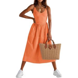Fisoew Womens Spaghetti Strap Dress V Neck Backless Summer Casual A Line Cami Dress with Pocket(Orange)