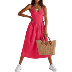 Fisoew Womens Spaghetti Strap Dress V Neck Backless Summer Casual A Line Cami Dress with Pocket(Red)