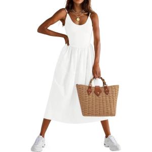 Fisoew Womens Spaghetti Strap Dress V Neck Backless Summer Casual A Line Cami Dress with Pocket(White)
