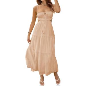 Fisoew Women’s Spaghetti Strap Maxi Dress Summer Sleeveless Side Cut Out Dress Casual Boho Backless Flowy Long Dresses(Apricot)