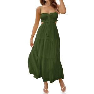 Fisoew Women’s Spaghetti Strap Maxi Dress Summer Sleeveless Side Cut Out Dress Casual Boho Backless Flowy Long Dresses(Army Green)