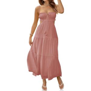 Fisoew Women’s Spaghetti Strap Maxi Dress Summer Sleeveless Side Cut Out Dress Casual Boho Backless Flowy Long Dresses(Bean Red)