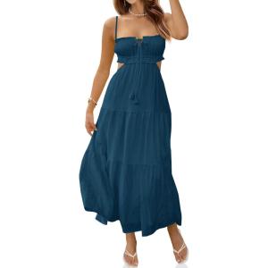 Fisoew Women’s Spaghetti Strap Maxi Dress Summer Sleeveless Side Cut Out Dress Casual Boho Backless Flowy Long Dresses(Blue& Green)