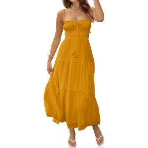 Fisoew Women’s Spaghetti Strap Maxi Dress Summer Sleeveless Side Cut Out Dress Casual Boho Backless Flowy Long Dresses(Goose Yellow)