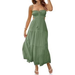 Fisoew Women’s Spaghetti Strap Maxi Dress Summer Sleeveless Side Cut Out Dress Casual Boho Backless Flowy Long Dresses(Light Green)