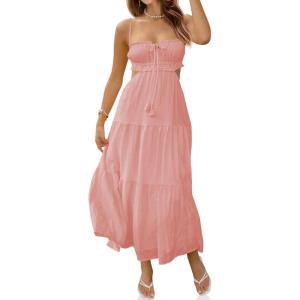 Fisoew Women’s Spaghetti Strap Maxi Dress Summer Sleeveless Side Cut Out Dress Casual Boho Backless Flowy Long Dresses(Light Pink)