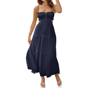 Fisoew Women’s Spaghetti Strap Maxi Dress Summer Sleeveless Side Cut Out Dress Casual Boho Backless Flowy Long Dresses(Navy Blue)