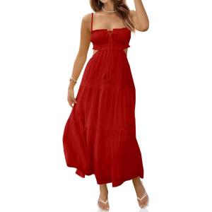 Fisoew Women’s Spaghetti Strap Maxi Dress Summer Sleeveless Side Cut Out Dress Casual Boho Backless Flowy Long Dresses(Red)