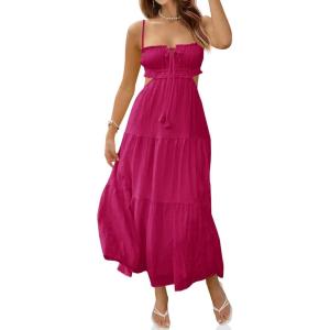 Fisoew Women’s Spaghetti Strap Maxi Dress Summer Sleeveless Side Cut Out Dress Casual Boho Backless Flowy Long Dresses(Rose Red)