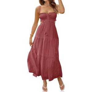 Fisoew Women’s Spaghetti Strap Maxi Dress Summer Sleeveless Side Cut Out Dress Casual Boho Backless Flowy Long Dresses(Watermelon Red)