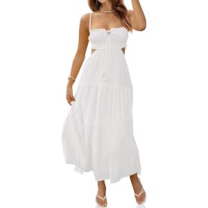 Fisoew Women’s Spaghetti Strap Maxi Dress Summer Sleeveless Side Cut Out Dress Casual Boho Backless Flowy Long Dresses(White)