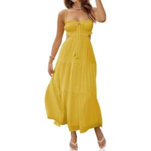 Fisoew Women’s Spaghetti Strap Maxi Dress Summer Sleeveless Side Cut Out Dress Casual Boho Backless Flowy Long Dresses(Yellow)