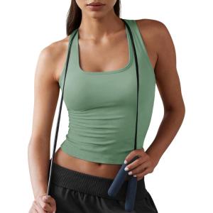 Fisoew Womens Square Neck Sleeveless Tank Top Built-in Bra Racerback Tank Fitted Y2K Basic Workout Crop Tops(Army Green)