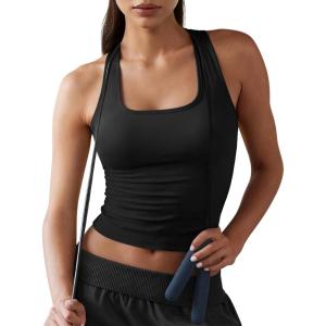 Fisoew Womens Square Neck Sleeveless Tank Top Built-in Bra Racerback Tank Fitted Y2K Basic Workout Crop Tops(Black)
