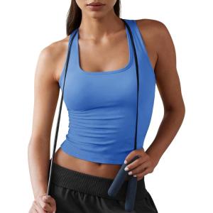Fisoew Womens Square Neck Sleeveless Tank Top Built-in Bra Racerback Tank Fitted Y2K Basic Workout Crop Tops(Blue)