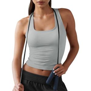 Fisoew Womens Square Neck Sleeveless Tank Top Built-in Bra Racerback Tank Fitted Y2K Basic Workout Crop Tops(Grey)