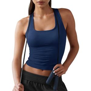 Fisoew Womens Square Neck Sleeveless Tank Top Built-in Bra Racerback Tank Fitted Y2K Basic Workout Crop Tops(Navy)