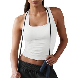 Fisoew Womens Square Neck Sleeveless Tank Top Built-in Bra Racerback Tank Fitted Y2K Basic Workout Crop Tops(White)
