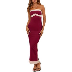 Fisoew Womens Strapless Bodycon Dress Sexy Contrast Color Off Shoulder Party Tube Maxi Dresses(Burgundy)