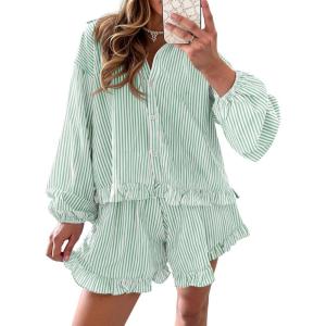 Fisoew Womens Stripe 2 Piece Lounge Sets Button Down Ruffle Shirts Shorts Sets Casual Oversized Pajama Sets Loungewear(Light Green)