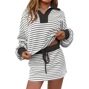 Fisoew Womens Striped 2 Piece Outfits Casual Sweatshirt Skirt Set Long Sleeve Skort Workout Set Matching Lounge Sets(Black)