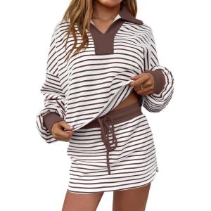 Fisoew Womens Striped 2 Piece Outfits Casual Sweatshirt Skirt Set Long Sleeve Skort Workout Set Matching Lounge Sets(Brown)