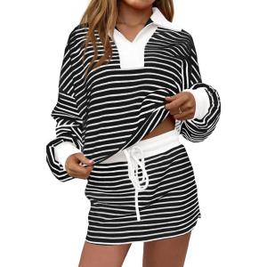 Fisoew Womens Striped 2 Piece Outfits Casual Sweatshirt Skirt Set Long Sleeve Skort Workout Set Matching Lounge Sets(Cool Black)