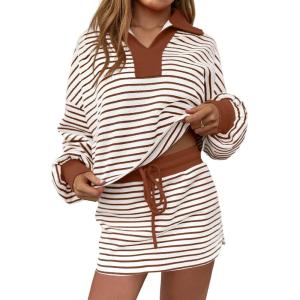 Fisoew Womens Striped 2 Piece Outfits Casual Sweatshirt Skirt Set Long Sleeve Skort Workout Set Matching Lounge Sets(Dark Brown)