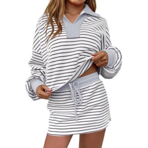 Fisoew Womens Striped 2 Piece Outfits Casual Sweatshirt Skirt Set Long Sleeve Skort Workout Set Matching Lounge Sets(Grey)