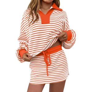 Fisoew Womens Striped 2 Piece Outfits Casual Sweatshirt Skirt Set Long Sleeve Skort Workout Set Matching Lounge Sets(Orange)