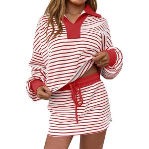 Fisoew Womens Striped 2 Piece Outfits Casual Sweatshirt Skirt Set Long Sleeve Skort Workout Set Matching Lounge Sets(Red)