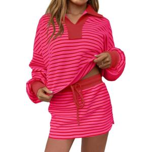 Fisoew Womens Striped 2 Piece Outfits Casual Sweatshirt Skirt Set Long Sleeve Skort Workout Set Matching Lounge Sets(Rose Red)