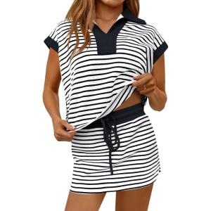Fisoew Womens Striped 2 Piece Outfits Casual Sweatshirt Skirt Set Short Sleeve Skort Workout Set Matching Lounge Sets(Black)