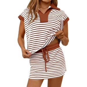 Fisoew Womens Striped 2 Piece Outfits Casual Sweatshirt Skirt Set Short Sleeve Skort Workout Set Matching Lounge Sets(Brown)