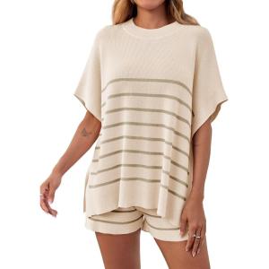 Fisoew Women’s Striped 2 Piece Outfits Oversized Batwing Short Sleeve Tops High Waisted Shorts Summer Knit Lounge Short Sets(Apricot)