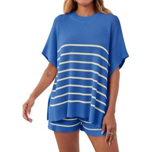 Fisoew Women’s Striped 2 Piece Outfits Oversized Batwing Short Sleeve Tops High Waisted Shorts Summer Knit Lounge Short Sets(Blue)