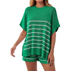 Fisoew Women’s Striped 2 Piece Outfits Oversized Batwing Short Sleeve Tops High Waisted Shorts Summer Knit Lounge Short Sets(Green)