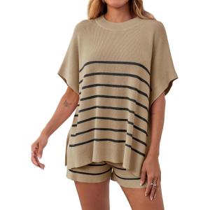 Fisoew Women’s Striped 2 Piece Outfits Oversized Batwing Short Sleeve Tops High Waisted Shorts Summer Knit Lounge Short Sets(Khaki)