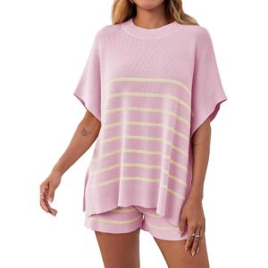 Fisoew Women’s Striped 2 Piece Outfits Oversized Batwing Short Sleeve Tops High Waisted Shorts Summer Knit Lounge Short Sets(Pink)