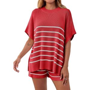Fisoew Women’s Striped 2 Piece Outfits Oversized Batwing Short Sleeve Tops High Waisted Shorts Summer Knit Lounge Short Sets(Red)