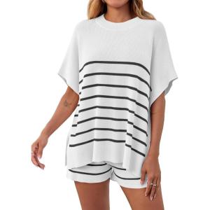 Fisoew Women’s Striped 2 Piece Outfits Oversized Batwing Short Sleeve Tops High Waisted Shorts Summer Knit Lounge Short Sets(White)