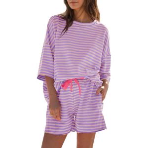 Fisoew Womens Striped 2 Piece Outfits Sweatsuits 3/4 Sleeve Oversized Tops High Waisted Shorts Casual Lounge Sets(Purple)